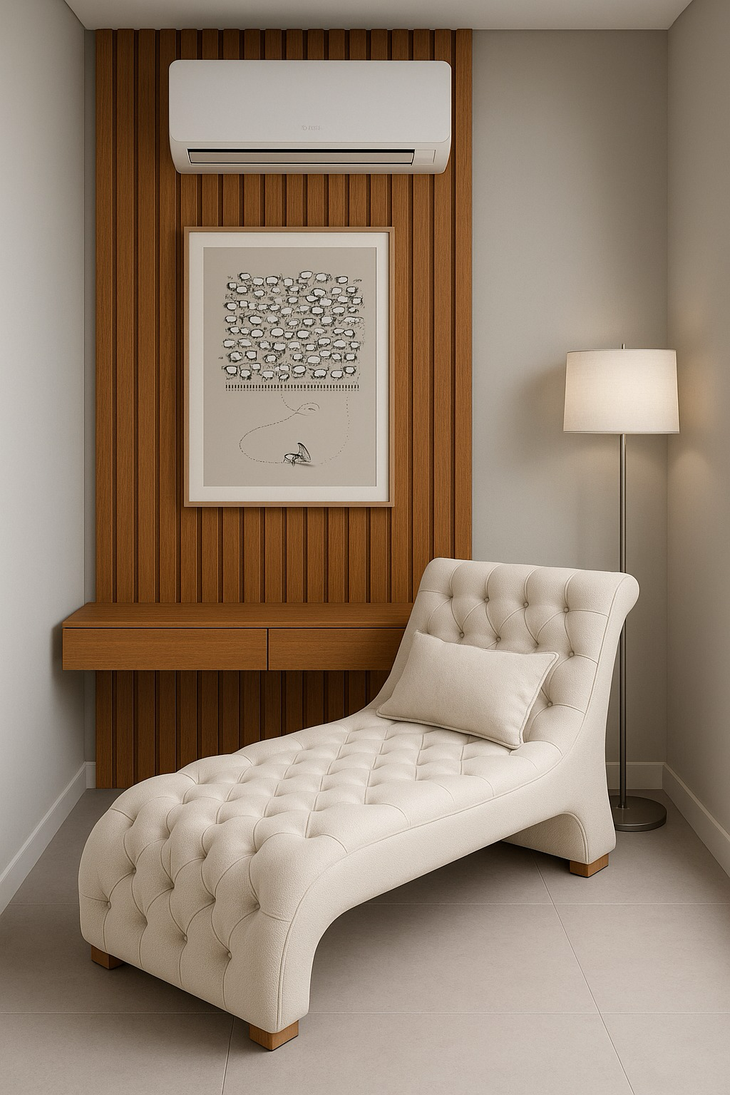Chaise clara em uma sala com painel de madeira, quadro e luminária.